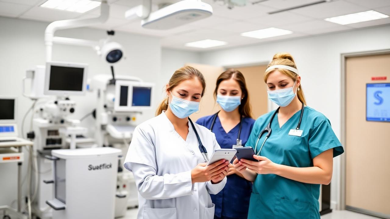 Healthcare professionals using ELEARNINGATE healthcare LMS on tablet in a hospital ward