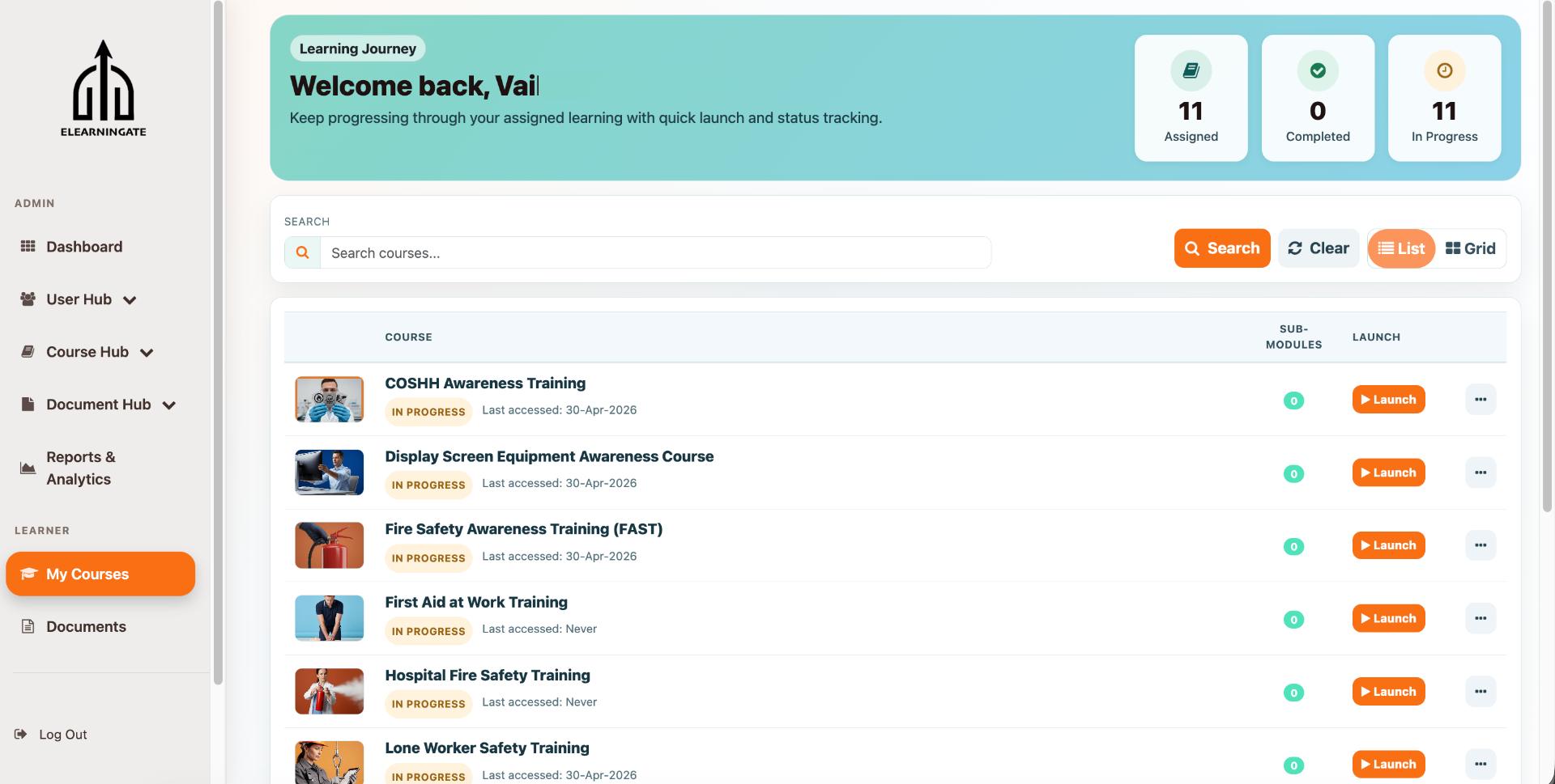 Learner experience screen 2