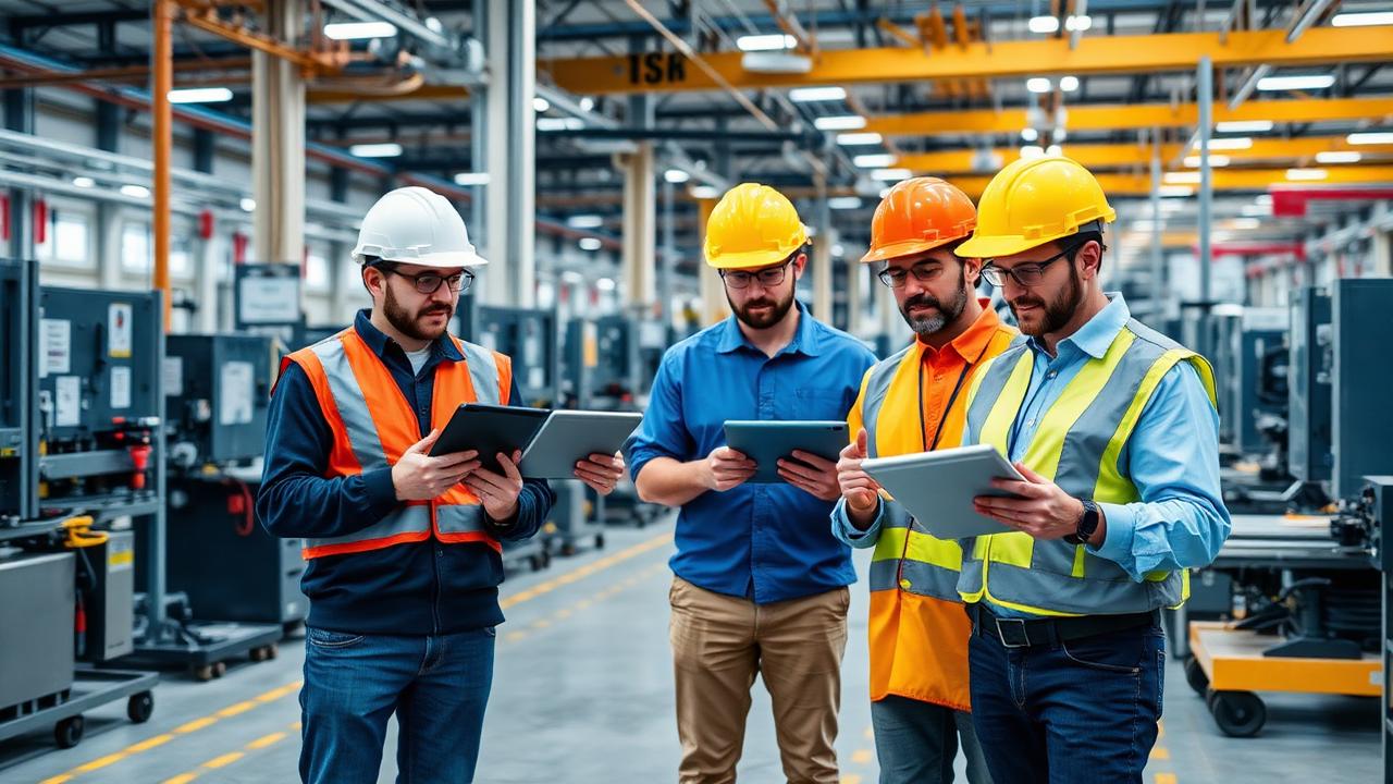 Production workers using tablets for safety training on the factory floor